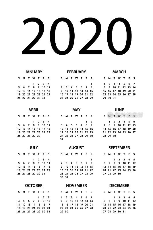 日历2020 -简单布局插图。一周从周日开始。2020年日历